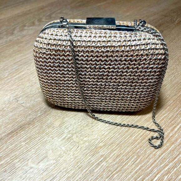 Gold Shimmer Woven Clutch Bag With Chain - Picture 1 of 6